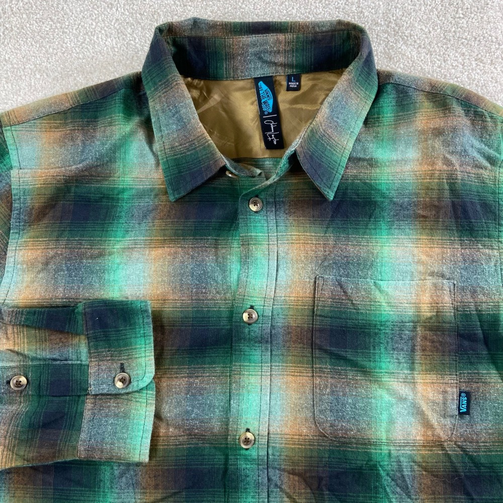 Vans Joel Tudor Shirt Mens Large Green Brown Plaid Flannel Long Sleeve Button Up